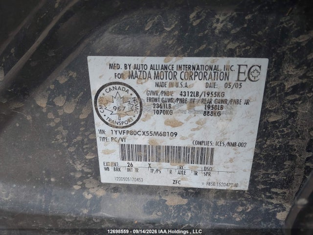 Продажа на аукционе авто 2005 Mazda 6 I, vin: 1YVFP80CX55M68109, номер лота: 12698559