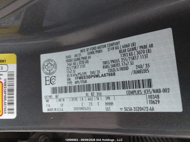 2021 Ford Bronco Big Bend მანქანა იყიდება აუქციონზე, vin: 1FMEE5BP9MLA87668, აუქციონის ნომერი: 12698563