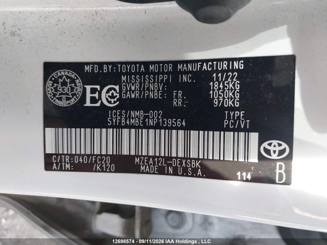 2022 Toyota Corolla მანქანა იყიდება აუქციონზე, vin: 5YFB4MBE1NP139564, აუქციონის ნომერი: 12698574