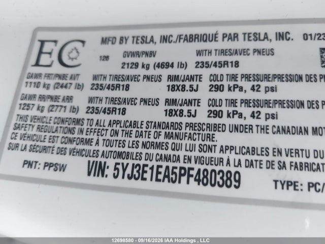 Aukcja sprzedaży 2023 Tesla Model 3, vin: 5YJ3E1EA5PF480389, numer aukcji: 12698580