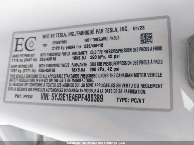 Aukcja sprzedaży 2023 Tesla Model 3, vin: 5YJ3E1EA5PF480389, numer aukcji: 12698580