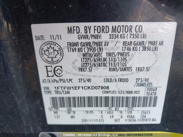 2012 Ford F150 Supercrew მანქანა იყიდება აუქციონზე, vin: 1FTFW1EF1CKD07908, აუქციონის ნომერი: 12698582