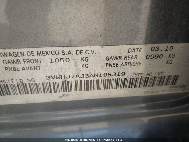 Продаж на аукціоні авто 2010 Volkswagen Jetta 2.0t, vin: 3VWHJ7AJ3AM105319, номер лоту: 12698584