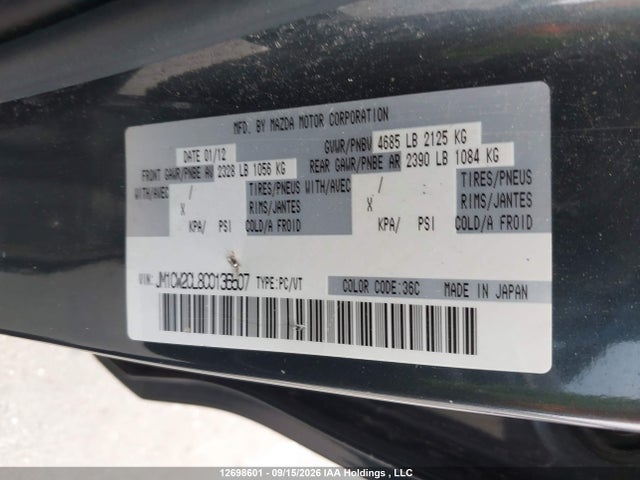 12698601 :رقم المزاد ، JM1CW2CL8C0136507 vin ، 2012 Mazda 5 مزاد بيع
