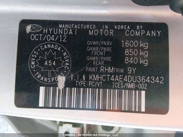 12698603 :رقم المزاد ، KMHCT4AE4DU364342 vin ، 2013 Hyundai Accent Gl مزاد بيع