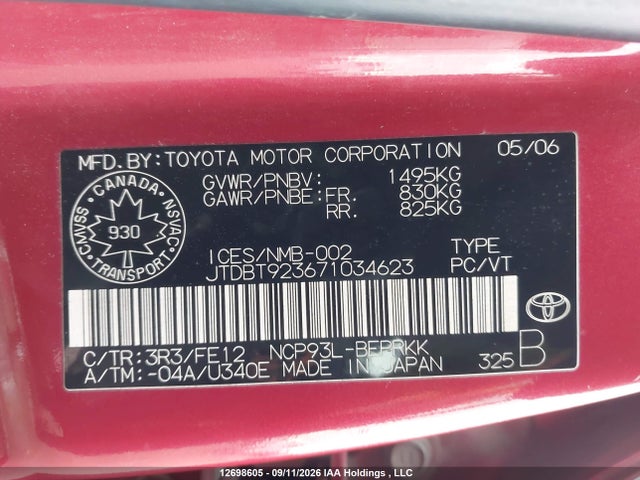 12698605 :رقم المزاد ، JTDBT923671034623 vin ، 2007 Toyota Yaris مزاد بيع