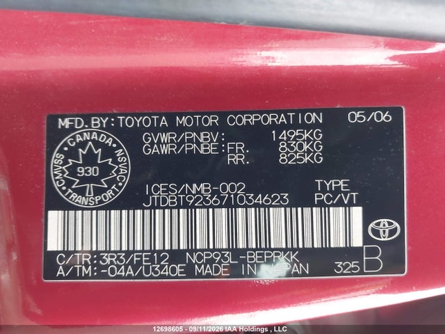 12698605 :رقم المزاد ، JTDBT923671034623 vin ، 2007 Toyota Yaris مزاد بيع