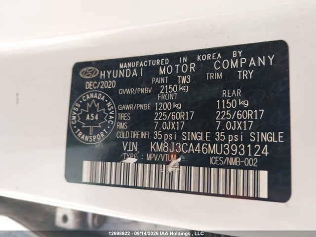 Продажа на аукционе авто 2021 Hyundai Tucson Limited/sel/sport/ultimate/value, vin: KM8J3CA46MU393124, номер лота: 12698622