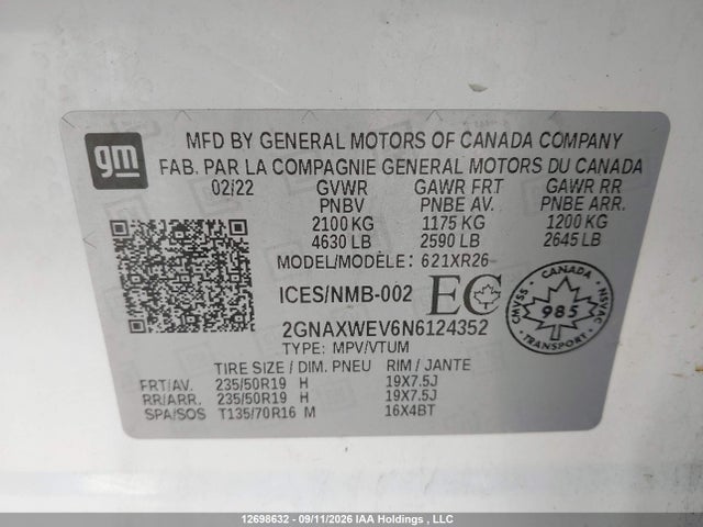 2022 Chevrolet Equinox Rs მანქანა იყიდება აუქციონზე, vin: 2GNAXWEV6N6124352, აუქციონის ნომერი: 12698632