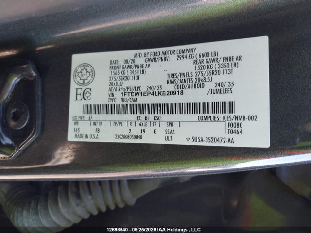 Продаж на аукціоні авто 2020 Ford F-150 Xlt, vin: 1FTEW1EP4LKE20918, номер лоту: 12698640