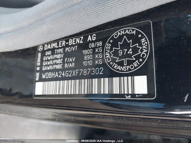 1999 Mercedes-benz C 230 Classic მანქანა იყიდება აუქციონზე, vin: WDBHA24G2XF787302, აუქციონის ნომერი: 12698641