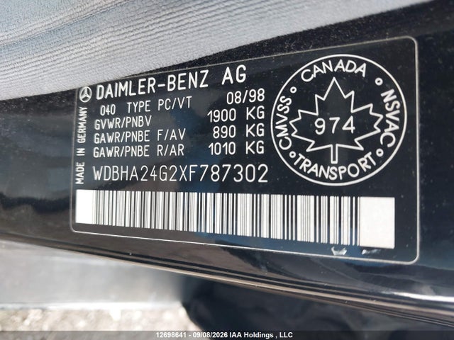 1999 Mercedes-benz C 230 Classic მანქანა იყიდება აუქციონზე, vin: WDBHA24G2XF787302, აუქციონის ნომერი: 12698641