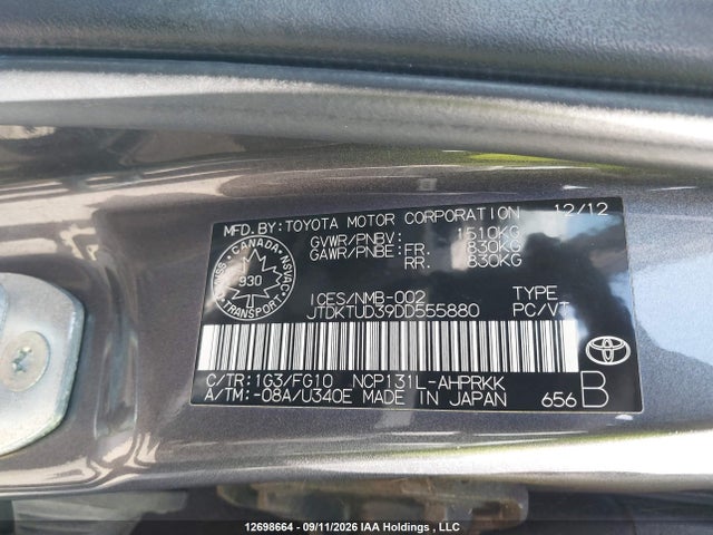 Aukcja sprzedaży 2013 Toyota Yaris Le, vin: JTDKTUD39DD555880, numer aukcji: 12698664