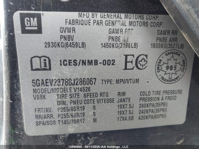 12698668 :رقم المزاد ، 5GAEV23788J286067 vin ، 2008 Buick Enclave Cxl مزاد بيع