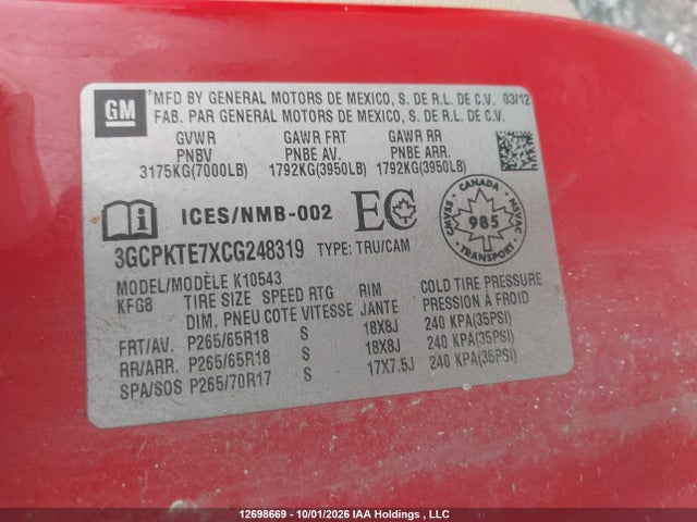 Продаж на аукціоні авто 2012 Chevrolet Silverado 1500 Ltz, vin: 3GCPKTE7XCG248319, номер лоту: 12698669