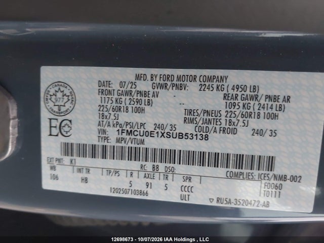 Aukcja sprzedaży 2025 Ford Escape Phev, vin: 1FMCU0E1XSUB53138, numer aukcji: 12698673