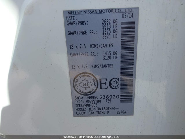 Aukcja sprzedaży 2014 Infiniti Qx60, vin: 5N1AL0MM9EC538920, numer aukcji: 12698675