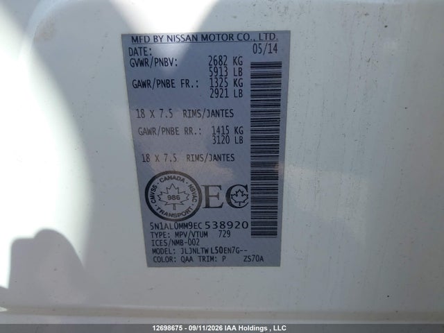 Aukcja sprzedaży 2014 Infiniti Qx60, vin: 5N1AL0MM9EC538920, numer aukcji: 12698675