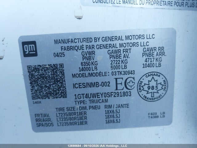 12698684 :رقم المزاد ، 1GT4UWEY0SF291803 vin ، 2025 Gmc Sierra 3500hd , Long Bed, Denali Drw, 4wd مزاد بيع