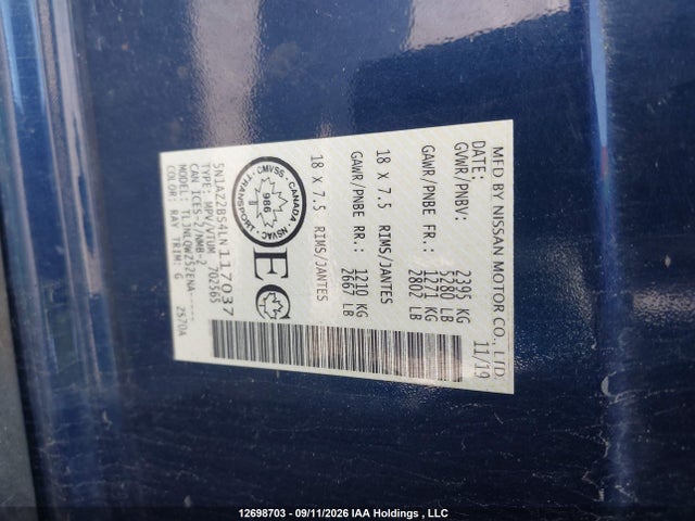 12698703 :رقم المزاد ، 5N1AZ2BS4LN117037 vin ، 2020 Nissan Murano Sv مزاد بيع