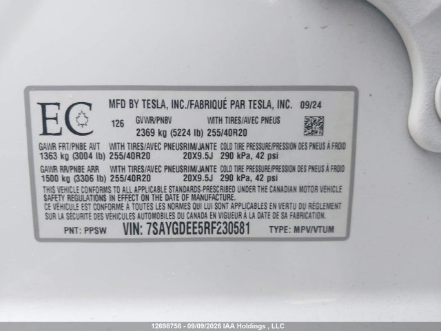Auction sale of the 2024 Tesla Model Y, vin: 7SAYGDEE5RF230581, lot number: 12698756