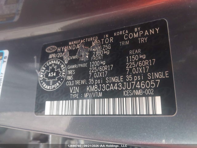 Aukcja sprzedaży 2018 Hyundai Tucson Se 2.0l, vin: KM8J3CA43JU746057, numer aukcji: 12698760