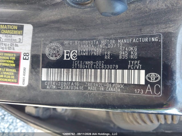 12698762 :رقم المزاد ، 2T1BU4EE1CC833079 vin ، 2012 Toyota Corolla S/le مزاد بيع