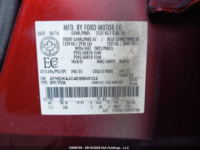 Aukcja sprzedaży 2014 Ford Edge Sel, vin: 2FMDK4JC4EBB05122, numer aukcji: 12698789