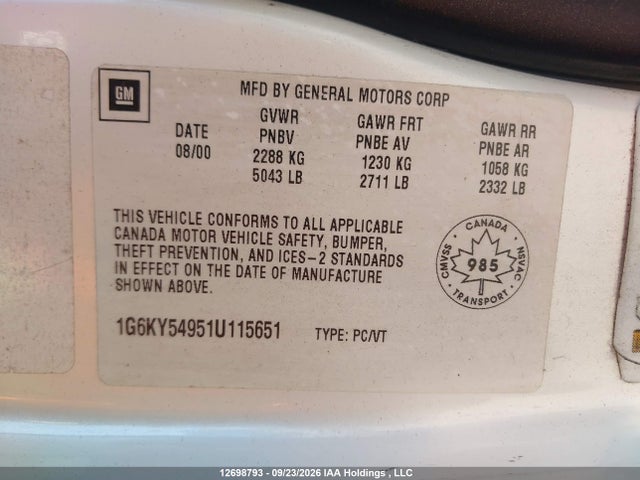 Продаж на аукціоні авто 2001 Cadillac Seville, vin: 1G6KY54951U115651, номер лоту: 12698793