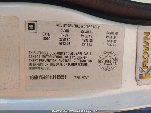 Продаж на аукціоні авто 2001 Cadillac Seville, vin: 1G6KY54951U115651, номер лоту: 12698793