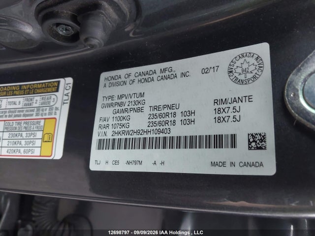 Honda Cr-v Touring 2017 2HKRW2H92HH109403 Image 9