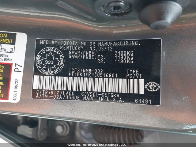 Продажа на аукционе авто 2012 Toyota Camry Xle V6, vin: 4T1BK1FK1CU516801, номер лота: 12698806