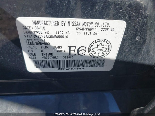 12698807 :رقم المزاد ، JN1CV6AR8AM460616 vin ، 2010 Infiniti G37x مزاد بيع