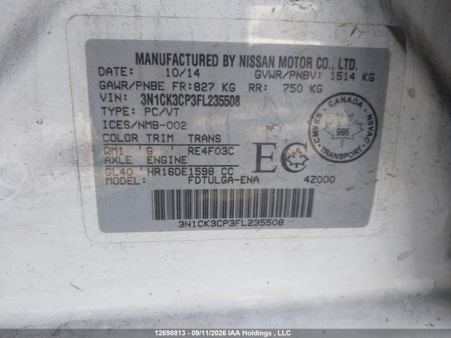 12698813 :رقم المزاد ، 3N1CK3CP3FL235508 vin ، 2015 Nissan Micra S/sr/sv مزاد بيع