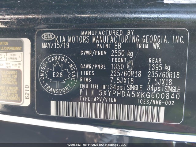 Auction sale of the 2019 Kia Sorento Ex/ex Sport, vin: 5XYPHDA5XKG600840, lot number: 12698843
