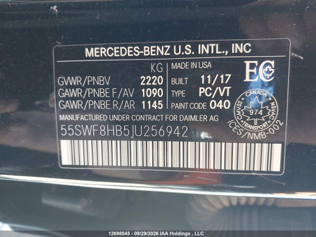 12698845 :رقم المزاد ، 55SWF8HB5JU256942 vin ، 2018 Mercedes-benz Amg C 63 S مزاد بيع