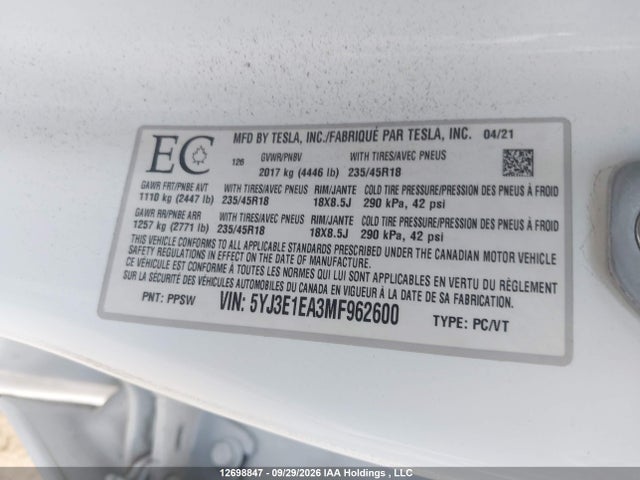 Продаж на аукціоні авто 2021 Tesla Model 3 Standard Range/standard Range Plus, vin: 5YJ3E1EA3MF962600, номер лоту: 12698847
