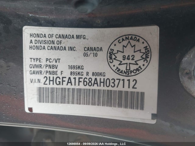12698854 :رقم المزاد ، 2HGFA1F68AH037112 vin ، 2010 Honda Civic Lx-s مزاد بيع