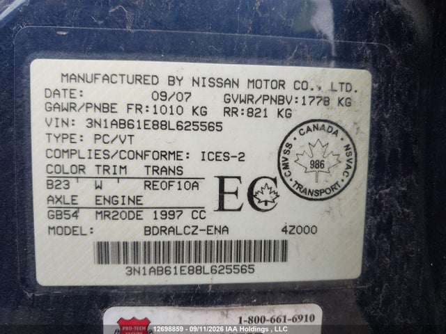 2008 Nissan Sentra 2.0 მანქანა იყიდება აუქციონზე, vin: 3N1AB61E88L625565, აუქციონის ნომერი: 12698859