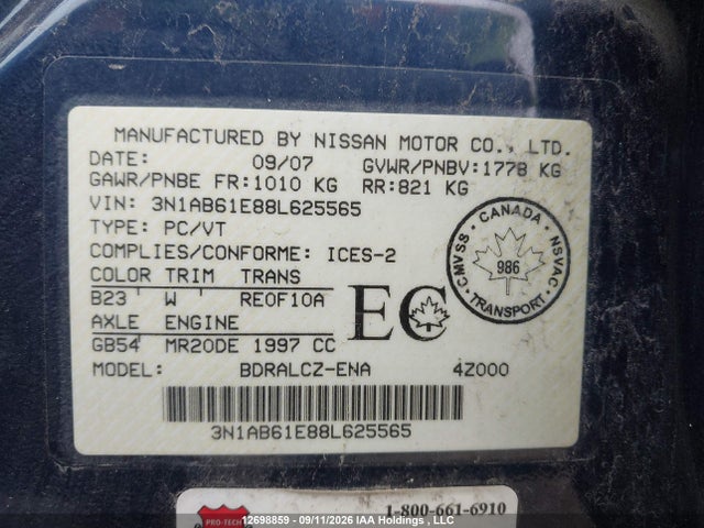 2008 Nissan Sentra 2.0 მანქანა იყიდება აუქციონზე, vin: 3N1AB61E88L625565, აუქციონის ნომერი: 12698859