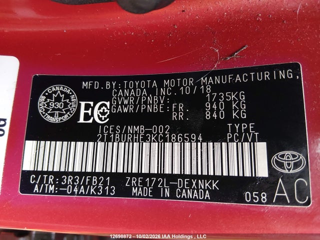 Aukcja sprzedaży 2019 Toyota Corolla, vin: 2T1BURHE3KC186594, numer aukcji: 12698872