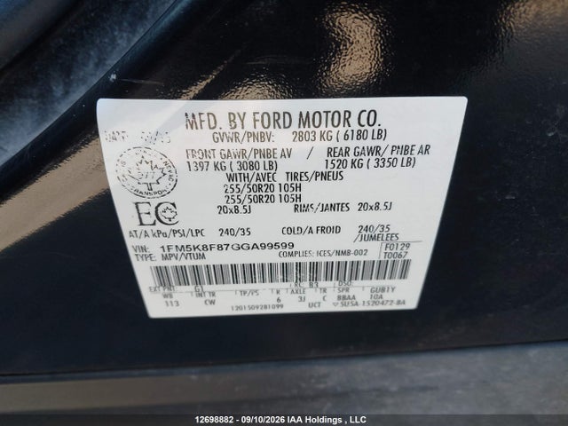 Ford Explorer Limited 2016 1FM5K8F87GGA99599 Image 19