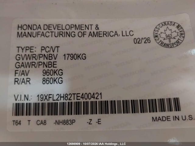 19XFL2H82TE400421 Honda Civic Sport
