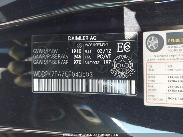 12698913 :رقم المزاد ، WDDPK7FA7CF043503 vin ، 2012 Mercedes-benz Slk 55 Amg مزاد بيع