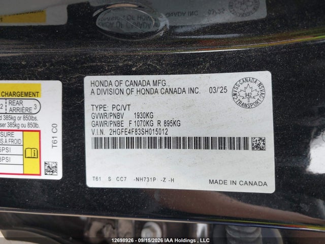 Honda Civic 2025 2HGFE4F83SH015012 Image 9