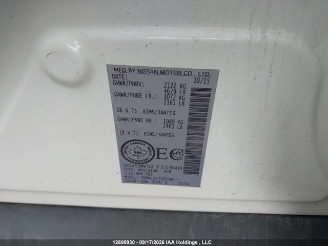 5N1AT2MV7GC751940 Nissan Rogue S/sl Premium/sv