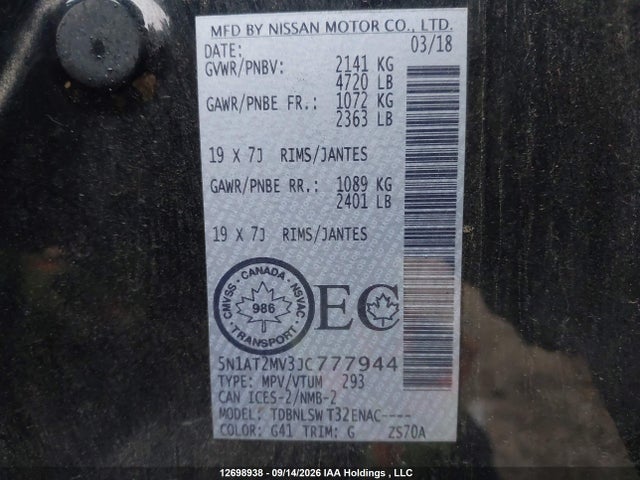 5N1AT2MV3JC777944 Nissan Rogue Sv/sl