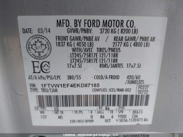 2014 Ford F-150 Xlt მანქანა იყიდება აუქციონზე, vin: 1FTVW1EF4EKD87185, აუქციონის ნომერი: 12698946