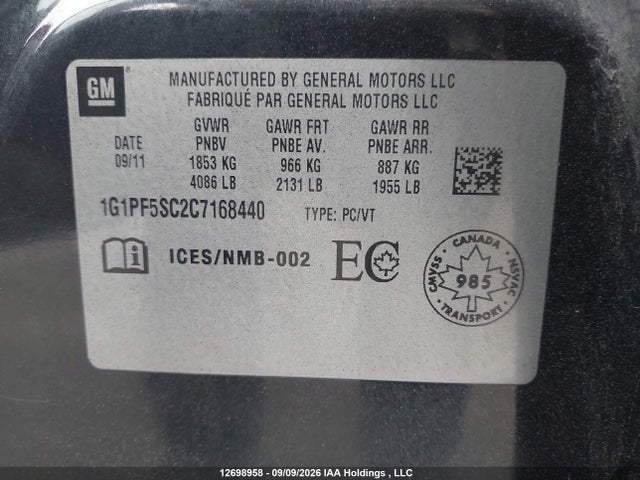Aukcja sprzedaży 2012 Chevrolet Cruze Lt Turbo, vin: 1G1PF5SC2C7168440, numer aukcji: 12698958