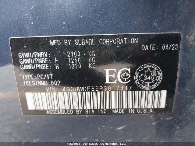 2023 Subaru Legacy Touring მანქანა იყიდება აუქციონზე, vin: 4S3BWDE69P3017447, აუქციონის ნომერი: 12698965